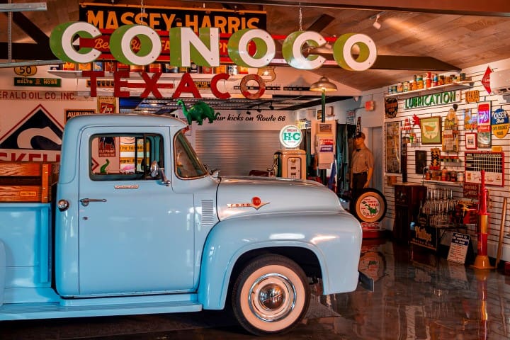 Vintage powder blue truck, part of the exhibit